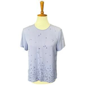 Vintage 90s Y2K 100% Silk Floral Blue Short Sleeve Feminine Cottagecore Top